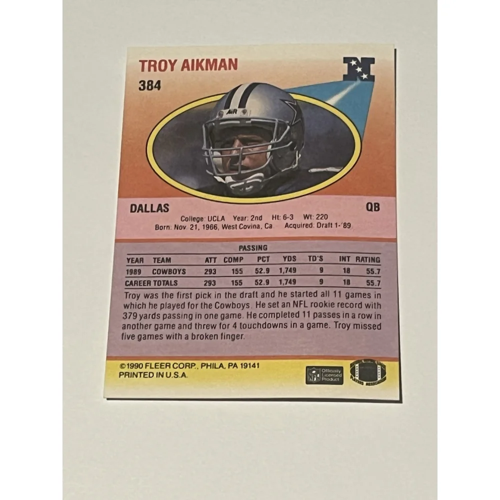 Troy Aikman Dallas Cowboys Football Card 1990 1991
